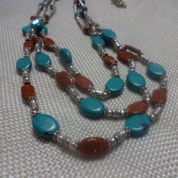 Tribal "TURQUOISE & GOLD SUNSTONE" Handmade Sterling Necklace Size 22" #962A - Picture 2 of 3